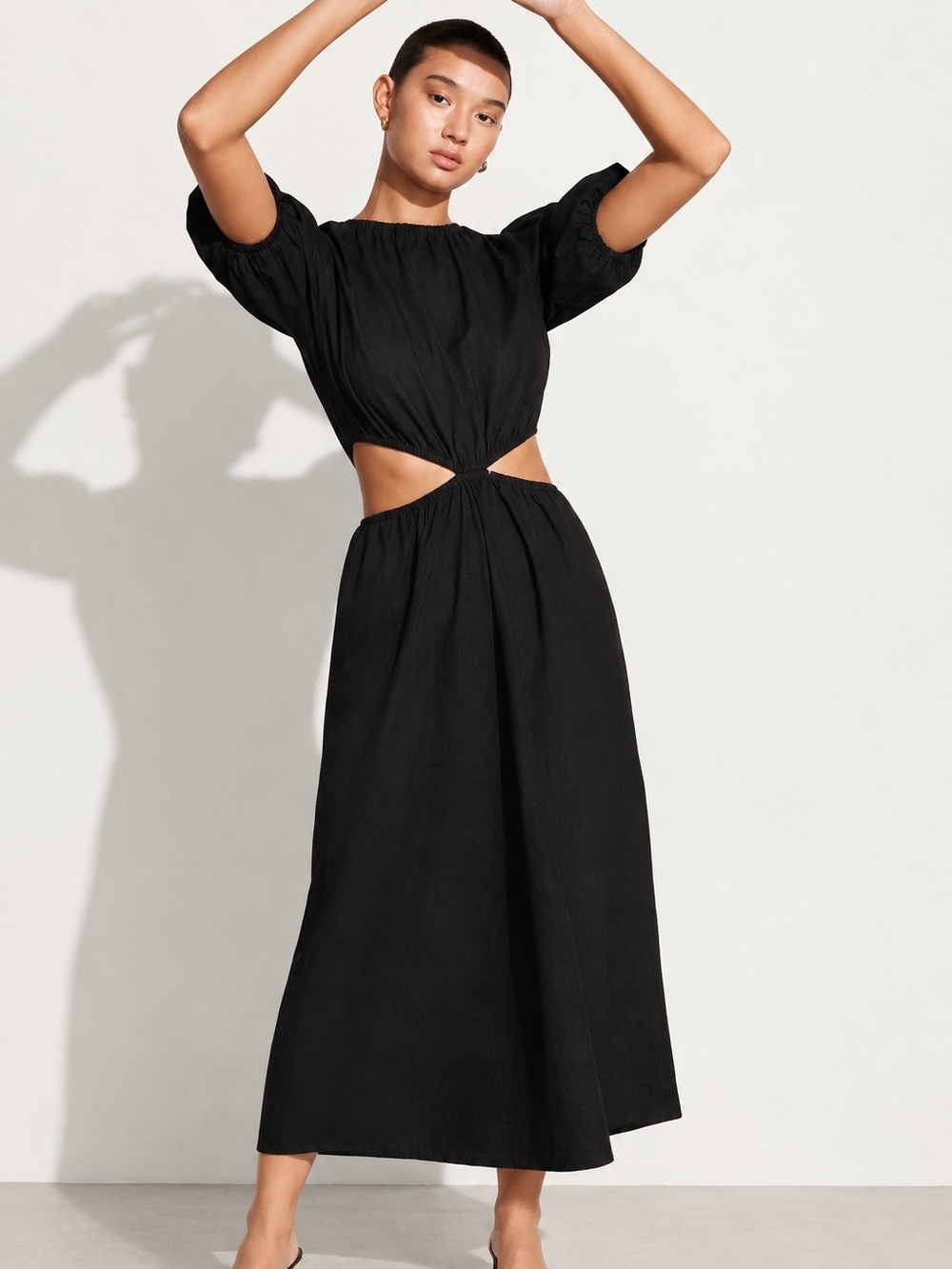Faithfull the Brand Alessandra Midi Dress - Black Midi Dress with Waist Cutouts